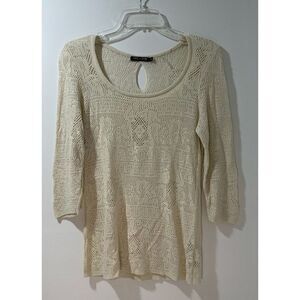 Nic + Zoe womens cream knit 3/4 sleeve top button fasten in back size M #35-0878